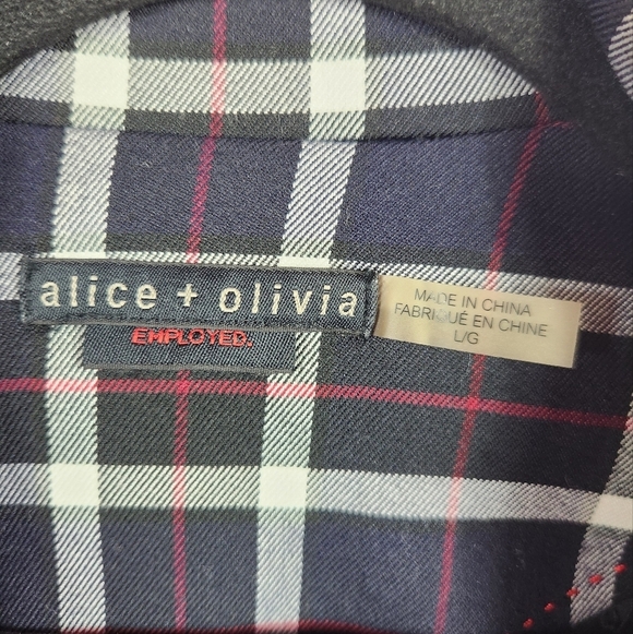 Alice + Olivia Savetta Plaid Windowpane Lamb Leather Elbows Blazer Navy Large - Picture 15 of 16
